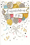 The artwork on this congratulations card evokes the feeling of walking into a surprise celebration in Hither Green, just as the applause fades and the smiles remain. At the centre, a generous cluster of illustrated balloons rises upward, their rounded forms overlapping in a soft, full arrangement. The colours move from shimmering gold and bright silver to gentle champagne, airy sky blue, blush pink, and quiet grey, with each balloon decorated in its own way-fine stripes dusted with glitter, tiny star patterns, and subtle speckles that hint at metallic shine. From the base of this floating bouquet, slender strings fall in loose curls of gold and silver, looping together in an elegant flourish that visually ties the scene together. Surrounding the balloons is a lively scattering of small stars, swirling ribbons, and confetti-style dots that drift across a light, neutral background, echoing the carefree mood of a party at a Hither Green home or café. A softly curved banner stretches through the middle, bearing the words Congratulations To You in graceful, sweeping script that communicates warmth and sincere pride. The artwork suggests tactile interest-smooth cardstock, slightly raised glitter, and glossy ink that might catch the light as you open the card. The overall atmosphere is one of gentle exuberance, making this design suitable for many milestones: exam results, promotions, new ventures, or any occasion where you want to wrap your message of congratulations in something as uplifting and elegant as a locally delivered bouquet of flowers.